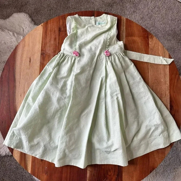 Polly Flinders Other - POLLY FLINDERS VINTAGE Size 4 Light Green Pink Rosette A-Line Dress Tie Back
